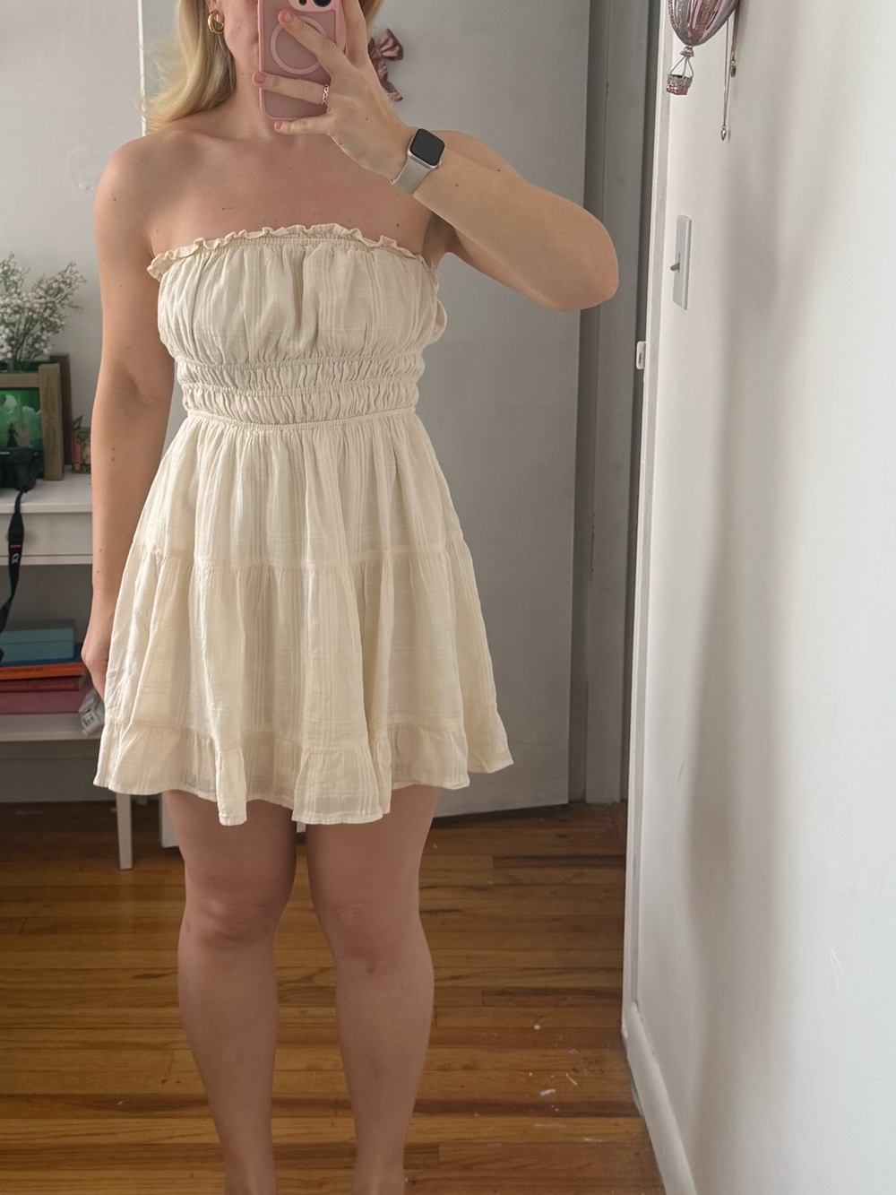Thirty LA Strapless Mini Dress Cream Smocked Boho | Size M